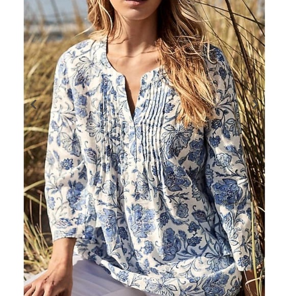 J. Jill Pintucked Printed Linen Popover White Mosaic Jacobean Bell Sleeves Small - Picture 1 of 10